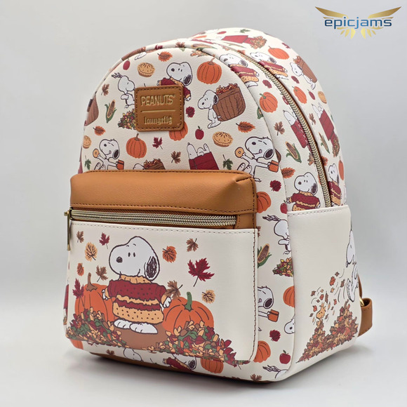 Loungefly Peanuts Snoopy Fall Cozy Autumn leaves Brown Mini Backpack Bag New - Picture 3 of 6